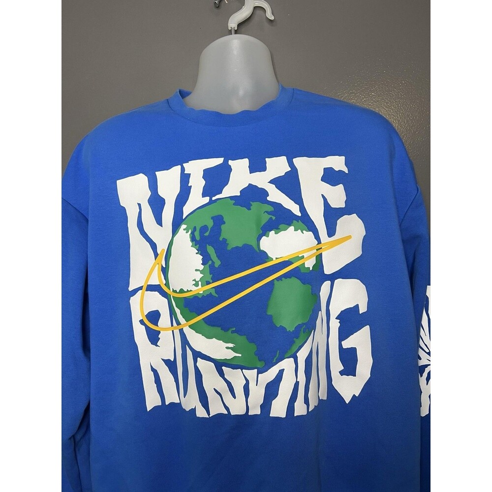 Nike Sweatshirt Mens Medium Blue Running Earth Globe Graphic Dri-Fit Pullover